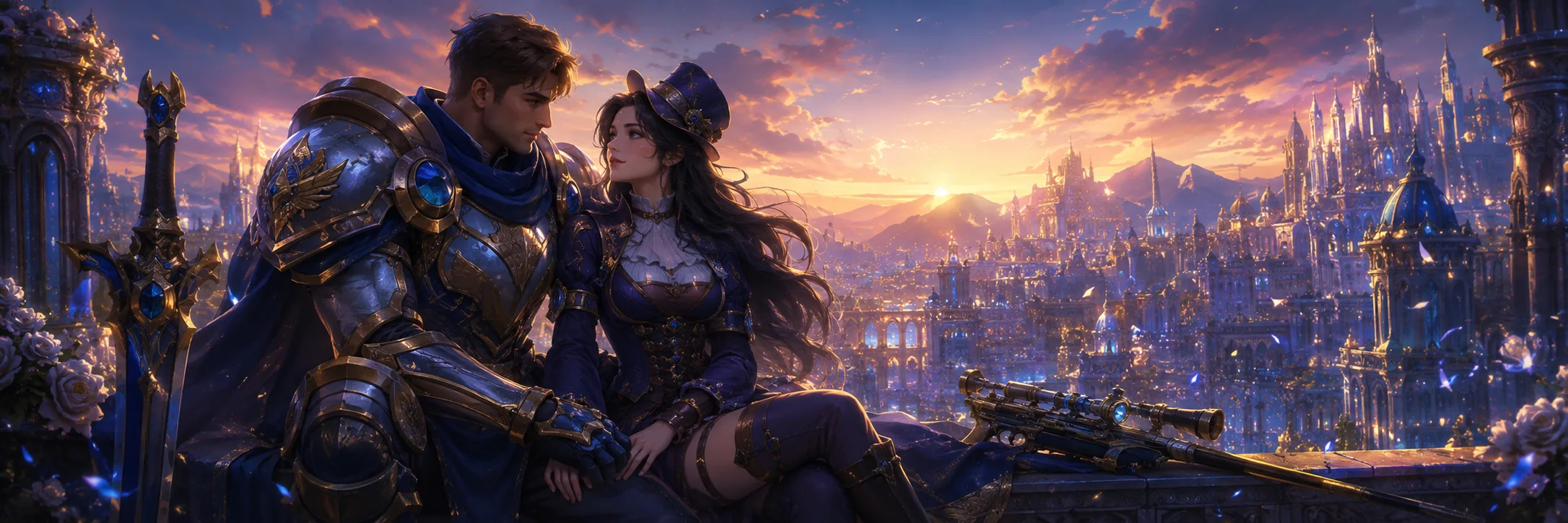 Two League of Legends champions overlooking a city skyline at sunset